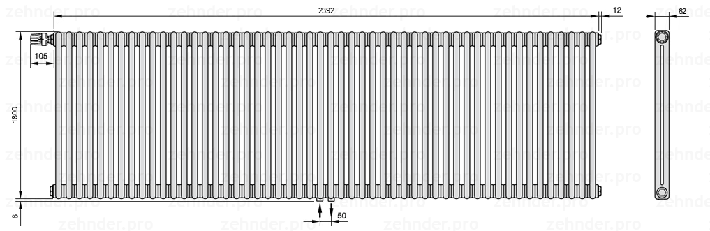 Схема (чертеж) Радиатор Zehnder Charleston 2180/52 №V007 Белый глянцевый RAL 9016
